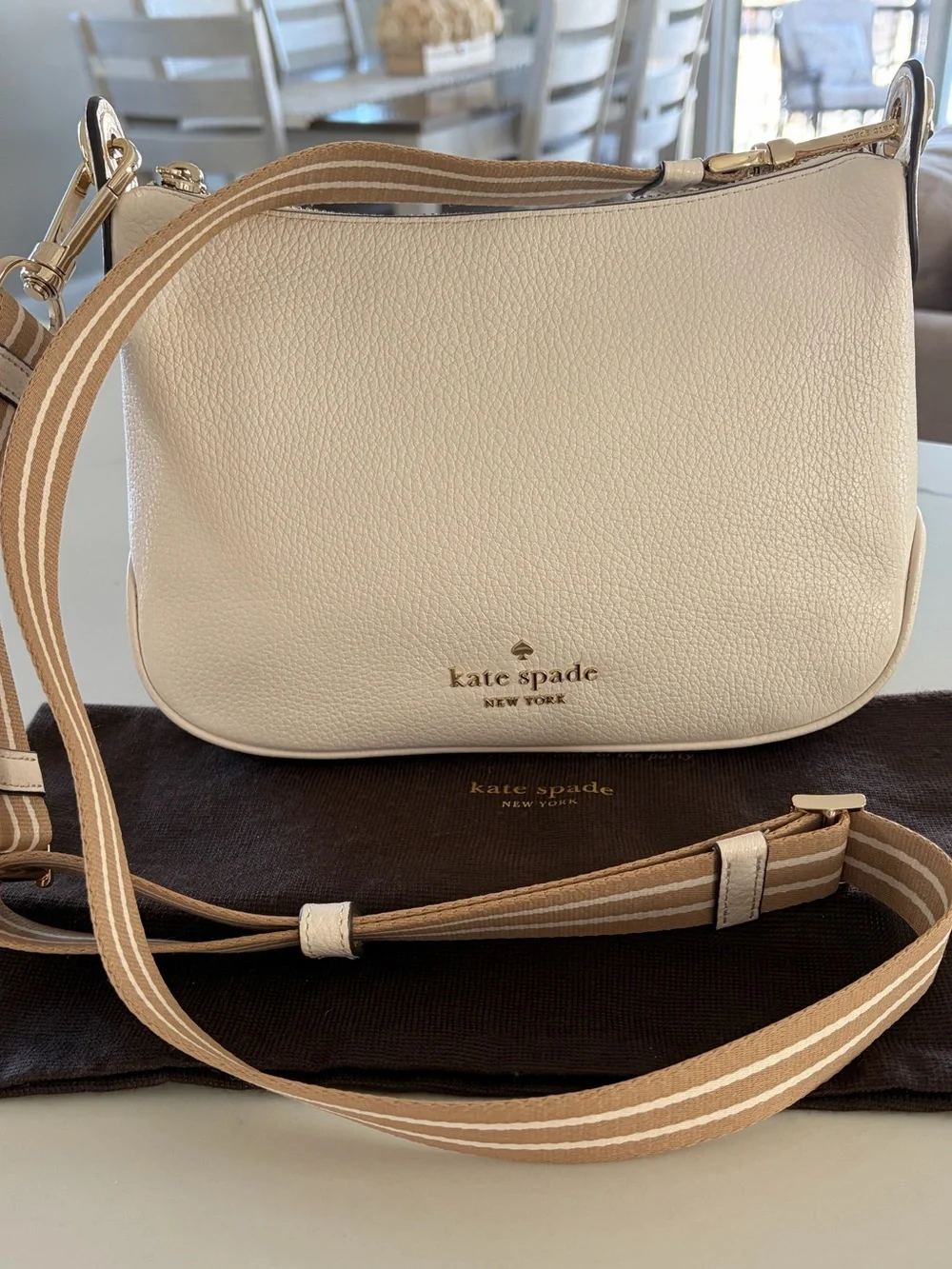 Kate Spade Ivory White Pebbled Leather Crossbody with Tan Striped Strap Like New